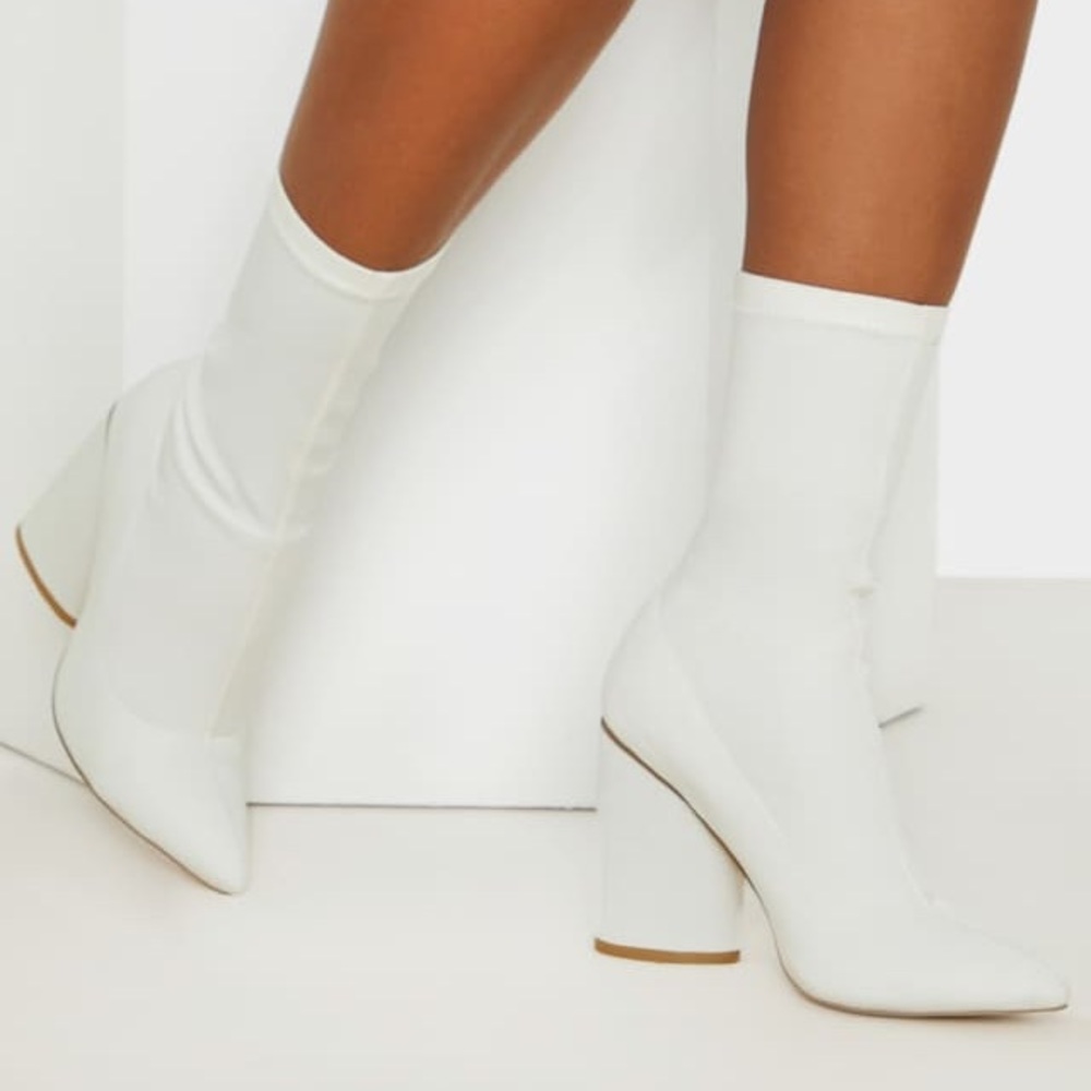 Pretty Little Thing White Chunky Block Heel Sock Boot Size 10